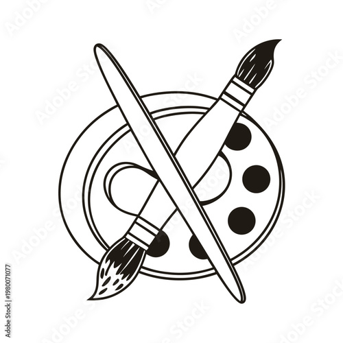 Minimal Line Art Paintbrush and Pencil with Palette Vector Icon Logo