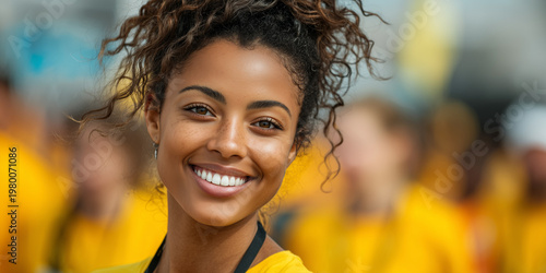A stunning young mixed-race woman with natural curly hair and freckles smiles warmly at the camera during a sunny outdoor festival, featuring a vibrant yellow background with soft bokeh