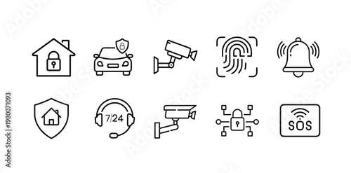 Surveillance and home security web line icons set featuring CCTV camera, fingerprint scan, alarm bell, car protection, SOS signal, network safety, and more Vector Illustration with editable stroke.