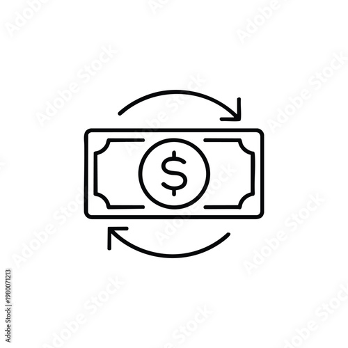 Money transfer payment icon black and white dollar banknote with arrows line art minimal vector illustration