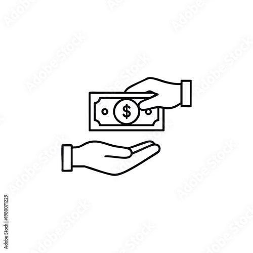 Cash payment icon hand giving money to hand black and white line vector illustration for finance and business