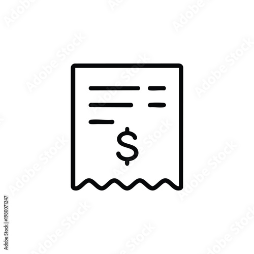 Receipt icon simple payment bill with dollar sign black and white vector illustration for finance and accounting apps