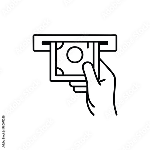Cash withdrawal payment icon hand taking money from atm black and white vector illustration