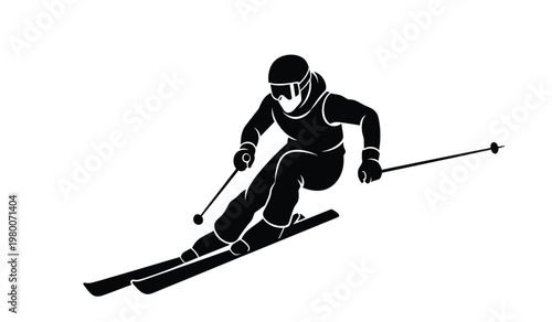 A dynamic illustration showcases a skier in motion actively carving down a slope with focused intensity presented as a silhouette high quality professional detailed