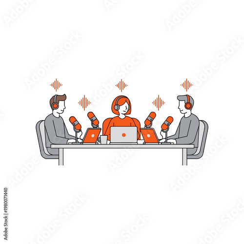 Three individuals engaged in a virtual podcast recording session together