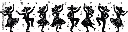 Mexican dancers silhouette set performing traditional folk dance with sombreros and music notes for Cinco de Mayo fiesta celebration background,