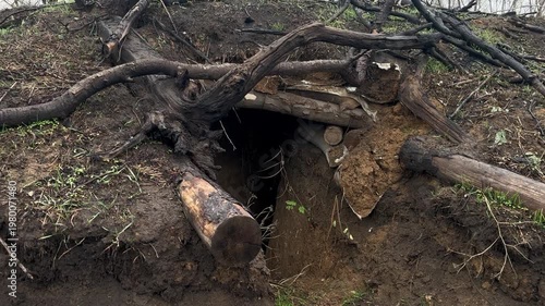 Destroyed Military Bunker in Forest After Drone Strike War Zone Dugout Damage