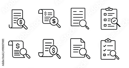 Financial document audit line icons set featuring tax invoice billing search expense tracking receipt inspection and accounting more vector illustration with editable stroke.