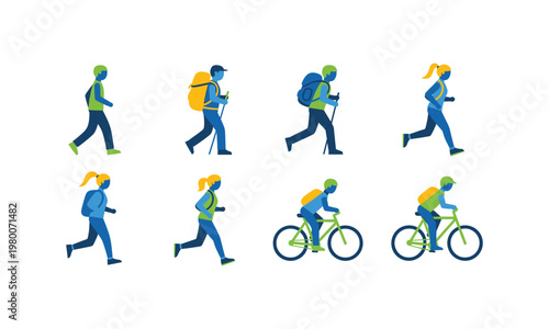 Illustrated people engaging in various outdoor activities and transportation methods