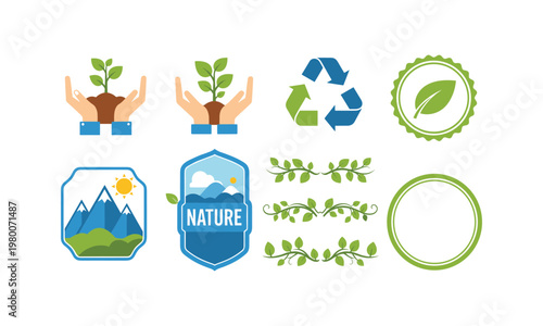 Illustrations representing various aspects of environmental conservation and nature preservation