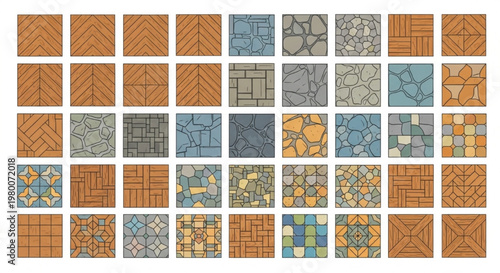 Floor Patterns Top View Vector Set Herringbone Wood Stone Flat Design Texture Illustration