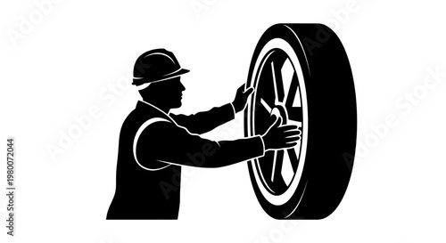 Mechanic changing tire, auto repair service, car maintenance icon, vehicle wheel change