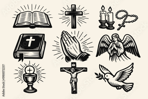 Collection of Vintage Religious Icons in Woodcut Style Featuring Holy Bible, Praying Hands, Cross, Crucifix, Angel, Dove of Peace, Chalice, Rosary, and Candles for Christian Faith and Spirituality