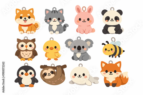 Kawaii Animal Charm Vector Set Featuring Cute Shiba Inu, Cat, Rabbit, Panda, Owl, Chick, Koala, Bee, Penguin, Sloth, Seal, and Fox Characters for Crafting, Jewelry Design, Stickers, and Apps.