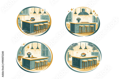 Luxury kitchen island icon set featuring custom-built home interior designs with elegant bar stools, pendant lighting, and modern cabinetry in a sophisticated flat vector illustration style.