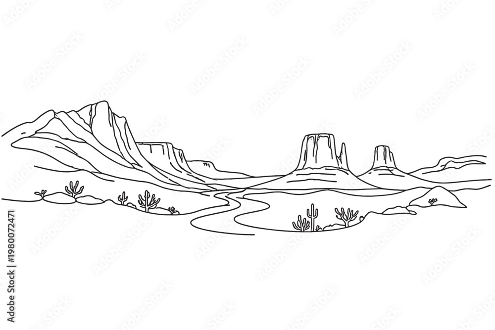 Fototapeta premium Minimalist One Line Drawing of Monument Valley Desert Landscape with Rocky Mountains, Mesas, Buttes, Cacti, and a Winding Road in the American Southwest, Wild West Nature Scenery Vector Illustration.