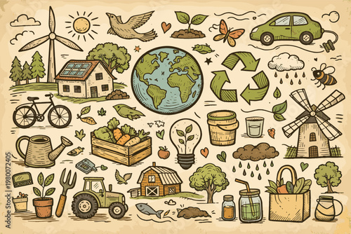 Vintage Hand Drawn Eco Friendly Doodle Collage with Sustainability Icons like Wind Turbine, Solar House, Electric Car, Recycling Symbol, Gardening Tools, and Earth Globe on Aged Paper Texture.