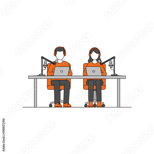 Two individuals working together with laptops and microphones at a shared desk setup