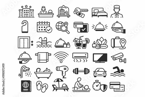 Comprehensive Hotel Icon Set featuring Hospitality Services, Room Amenities, Booking, Travel, and Vacation Icons. Black Line Art Vector Graphics for Web, Mobile Apps, and Tourism Marketing Design.