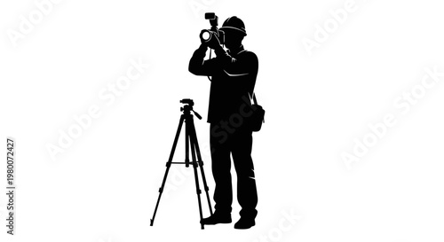 Photographer, camera man, silhouette, black, vector icon, photography, tripod, professional, equipment
