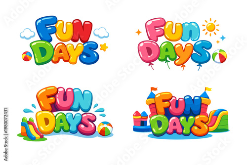 Playful Inflatable Fun Days Lettering Set with Bouncy Castle, Slides, and Beach Balls. Vibrant Cartoon Typography for Kids' Summer Parties, Playgrounds, and Amusement Park Events Vector Illustration.