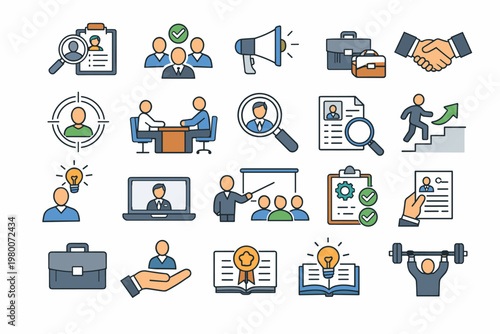Job Vacancy and Recruitment Icon Set Featuring Symbols for Hiring, Employment, Human Resources, Career Growth, Business Interviews, Resume Screening, Headhunting, and Professional Workforce Management