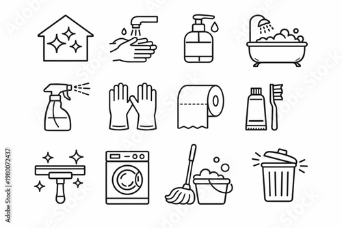 Hygiene and Home Cleaning Icon Set. Outline icons with editable stroke. Vector illustration featuring bathtub, hand washing, soap, laundry, trash can, mop, bucket, and window cleaning tools.