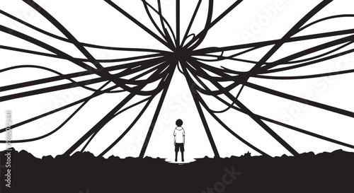 Lonely person, overwhelmed, surrounded by chaotic lines, anxiety concept, vector illustration
