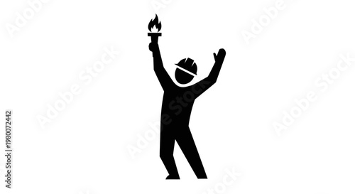 Black silhouette man holding torch, victorious person icon, triumphant human figure, black and white graphic