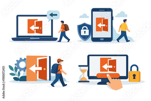 Set of flat vector illustrations for log out and exit concepts. People walking away from digital accounts on laptop, smartphone, and desktop monitor with security locks, hourglass, and open doors.