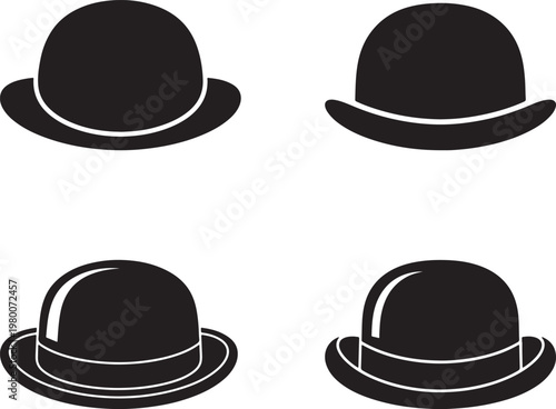 Vector illustration of a classic black clothing accessory set featuring a vintage felt fedora, cowboy headwear, and a stylish bowler hat isolated for men's fashion design