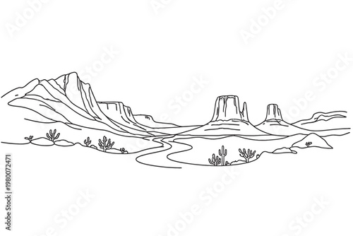 Minimalist One Line Drawing of Monument Valley Desert Landscape with Rocky Mountains, Mesas, Buttes, Cacti, and a Winding Road in the American Southwest, Wild West Nature Scenery Vector Illustration.