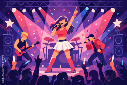 Vibrant Flat Vector Illustration of a Pop Music Band Performing Live on Stage with a Female Lead Singer, Guitarist, and Rapper under Colorful Spotlights with a Cheering Crowd and Confetti.
