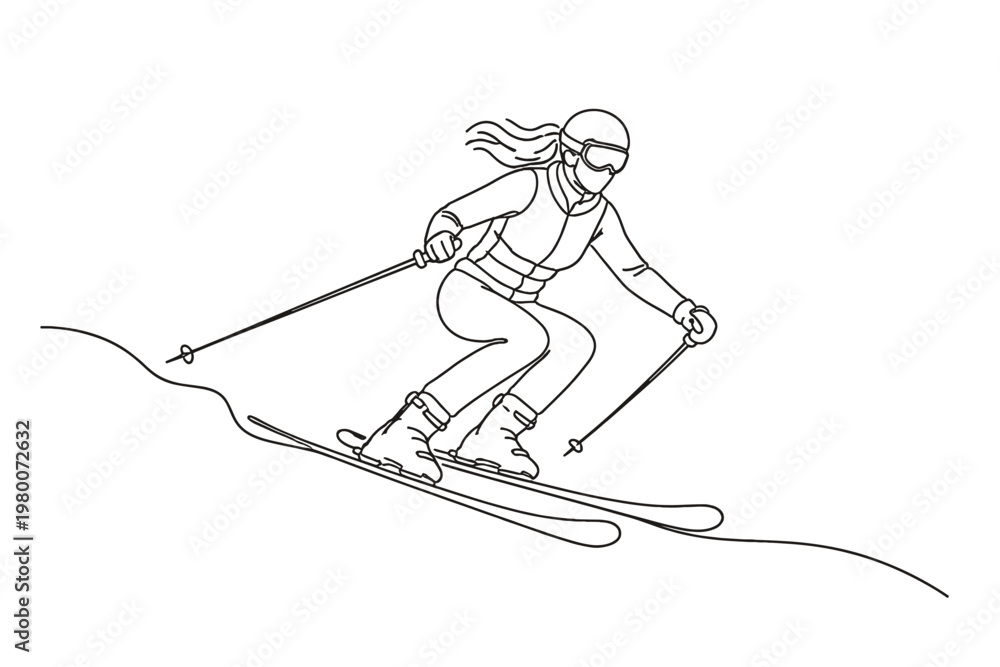 Obraz premium Minimalist continuous line drawing of a female skier downhill skiing. Vector illustration of a woman athlete in winter sports gear with skis and poles, perfect for modern sports branding.