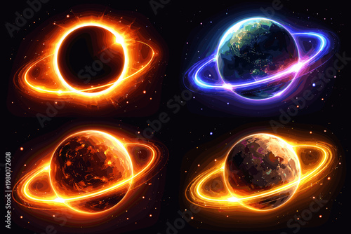 Total solar eclipse and celestial planets set with blazing glowing orbits, cosmic edges of light and stars in deep space, Earth, moon, and fire planet with neon rings, vector space illustration