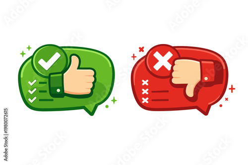 Pros and Cons Vector Illustration with Thumbs Up and Thumbs Down Hand Gestures in Green and Red Speech Bubbles. Perfect for Comparison, Feedback, Reviews, Surveys, and Decision Making Graphics.