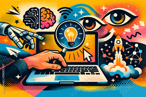 Artificial Intelligence Enabled Internet Search Concept in a Trendy Halftone Collage. Finding Creative Solutions with AI Technology, Robotics, Innovation, Vision, and Digital Transformation.