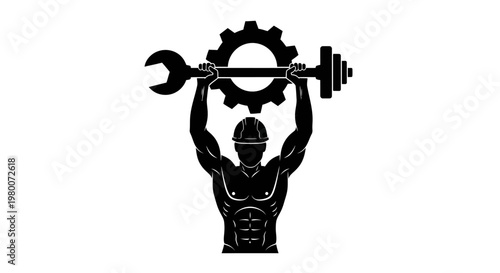 Industrial strength, muscular worker, gear and wrench, mechanical labor, strongman silhouette