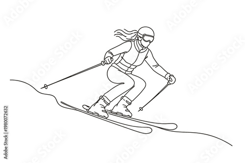 Minimalist continuous line drawing of a female skier downhill skiing. Vector illustration of a woman athlete in winter sports gear with skis and poles, perfect for modern sports branding.