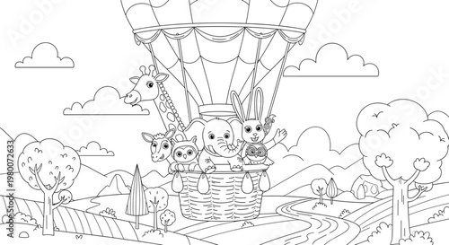 A hot air balloon with animals in a rural setting isolated on transparent background, isolated on white background, Vector