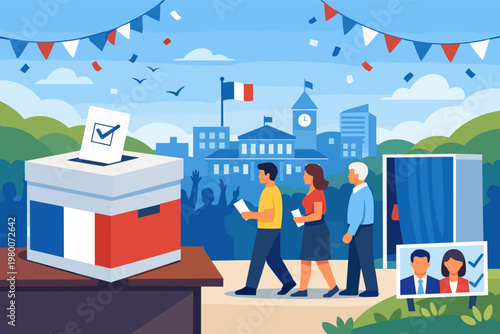 French Municipal Election 2026 Illustration with People Queuing to Vote at a Polling Station, Ballot Box with France Flag Colors, Voting Booth, and Candidate Poster in a Flat Vector Style.
