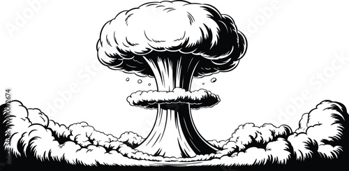 Nuclear explosion, mushroom cloud, black and white vector, illustration, atomic blast