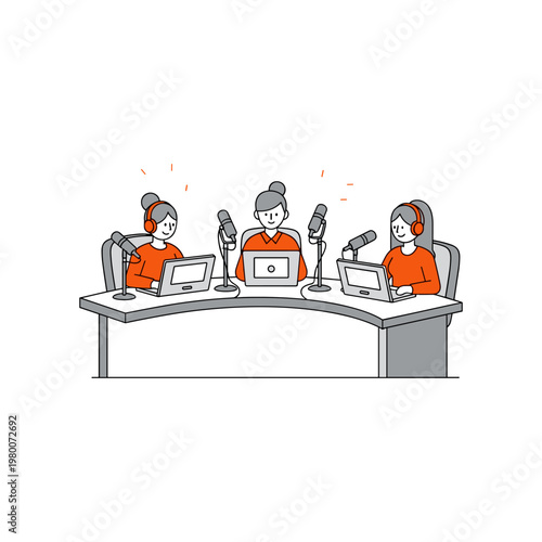 Three individuals engaged in a live radio broadcasting session