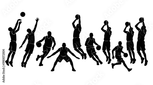 Silhouettes of basketball players in action.