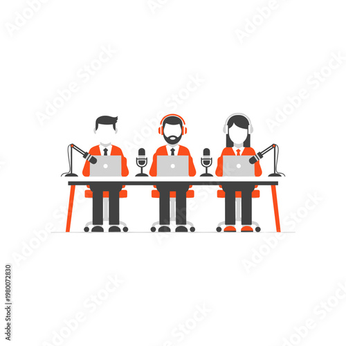 Three animated individuals participating in a podcast recording session