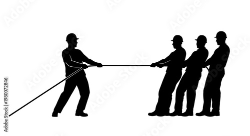 Vector tug of war, teamwork concept, silhouette illustration, black and white, four people pulling rope