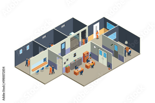 Isometric of Police Station and Jail Vector Illustration