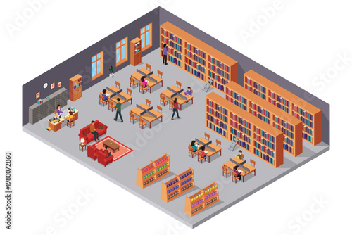 Isometric of Interior of Library Vector Illustration