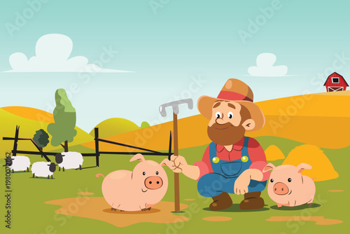 Farmer and Pig in a Farm Vector Illustration