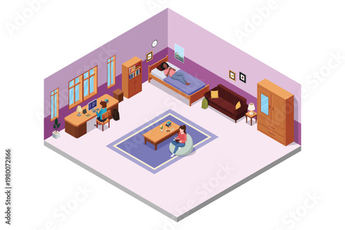Isometric of Students in Dorm Room Vector Illustration